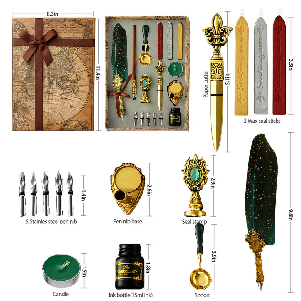 HASTHIP Quill Pen and Ink Set, Calligraphy Feather Pen with Wax Seal Stamp, Includes Feather Dip Pen, Ink, 5 Replacement Nibs, 3 Wax Seal Sticks,Pen Nib Base,Seal Stamp, White Wax,Spoon (Green) HASTHIP Quill Pen and Ink Set, Calligraphy Feather Pen with Wax Seal Stamp, Includes Feather Dip Pen, Ink, 5 Replacement Nibs, 3 Wax Seal Sticks,Pen Nib Base,Seal Stamp, White Wax,Spoon (Green)